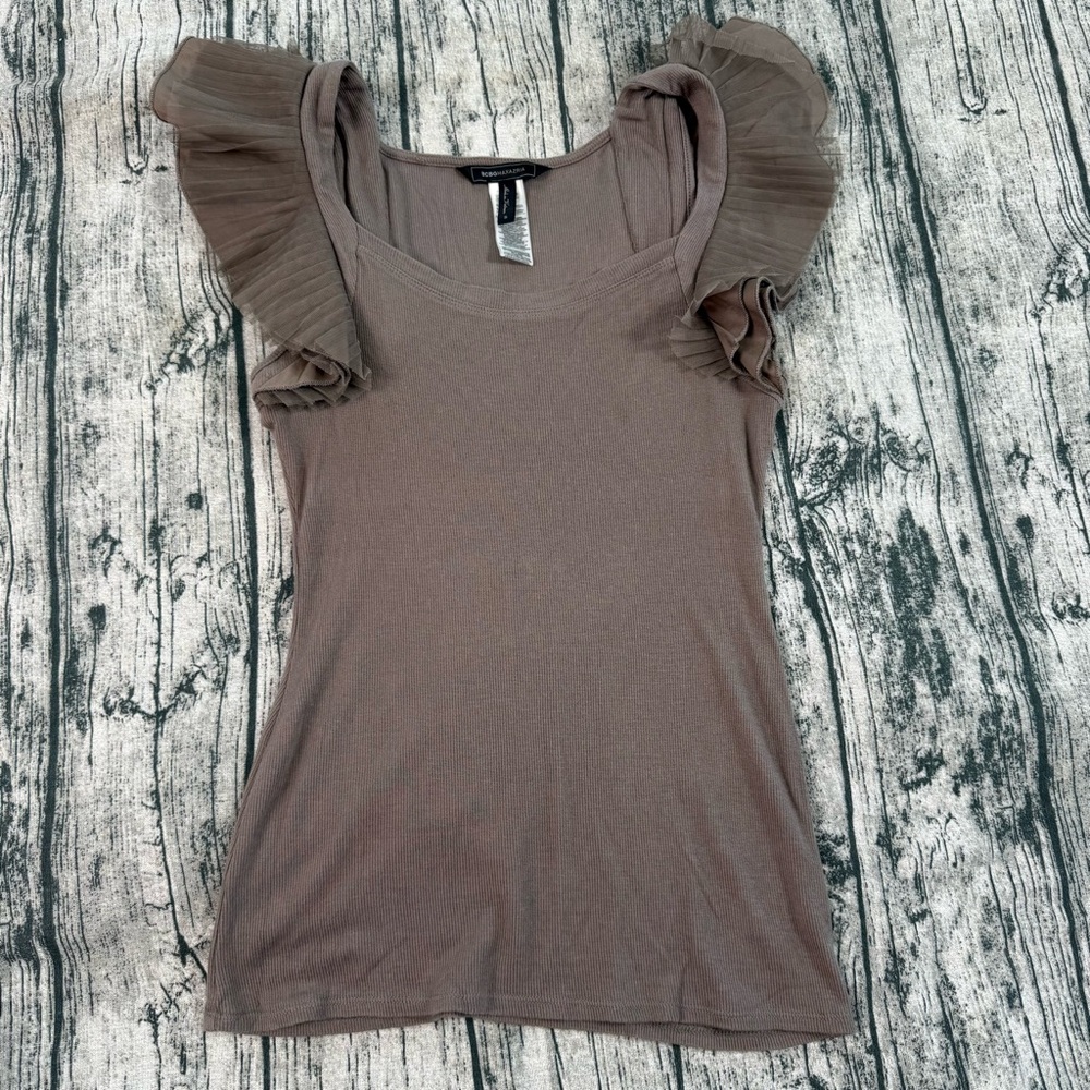 BCBG MaxAzria Elegant Ruffle Sleeve Brown Top